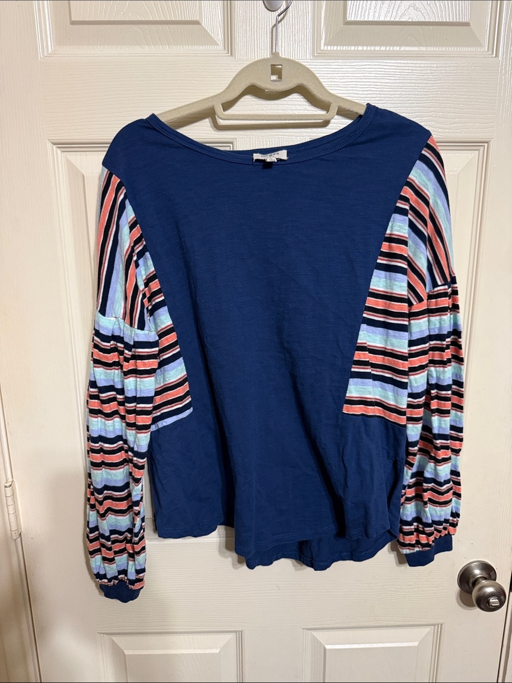 Umgee Navy Top with Multicolor Striped Balloon Sleeves